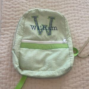 Green pin striped Monogramed William Oh Mint Backpack for toddlers